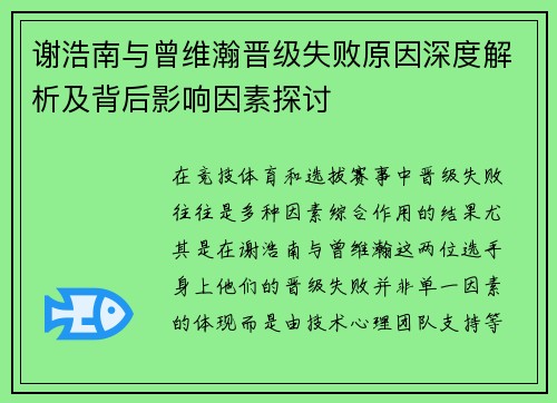 谢浩南与曾维瀚晋级失败原因深度解析及背后影响因素探讨