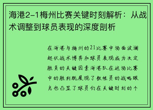 海港2-1梅州比赛关键时刻解析：从战术调整到球员表现的深度剖析